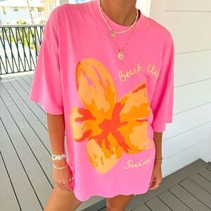 The Beach Club Swim Tee - Pink and Vibrant Orange Hibiscus Flower